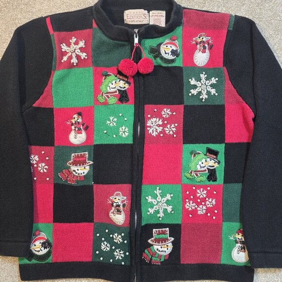Basic Editions Holiday Patchwork Sweater Full Zip Appliques Embroidered Women M - Picture 4 of 12